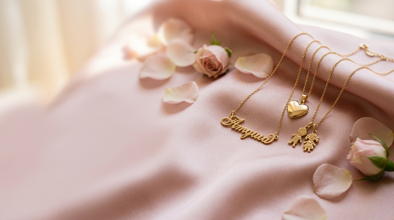 Semijoias personalizadas douradas sobre seda rosé